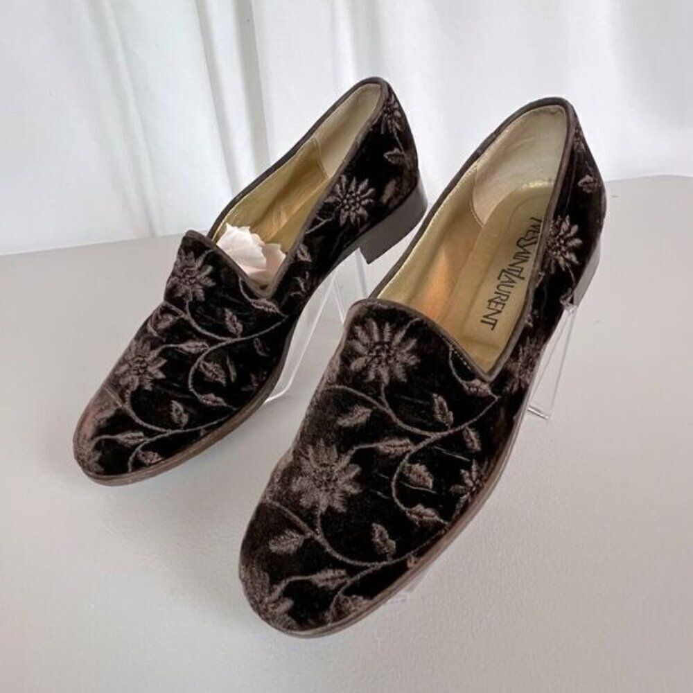 YVES SAINT LAURENT WOMENS BROWN SUEDE LOAFERS WITH EMBROIDERED DESIGN SIZE 7.5M - Picture 4 of 9
